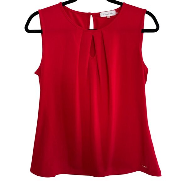 Women Red Calvin Klein Pleated Key Hole Sleeveless Office / Work Top - Medium - Picture 1 of 4